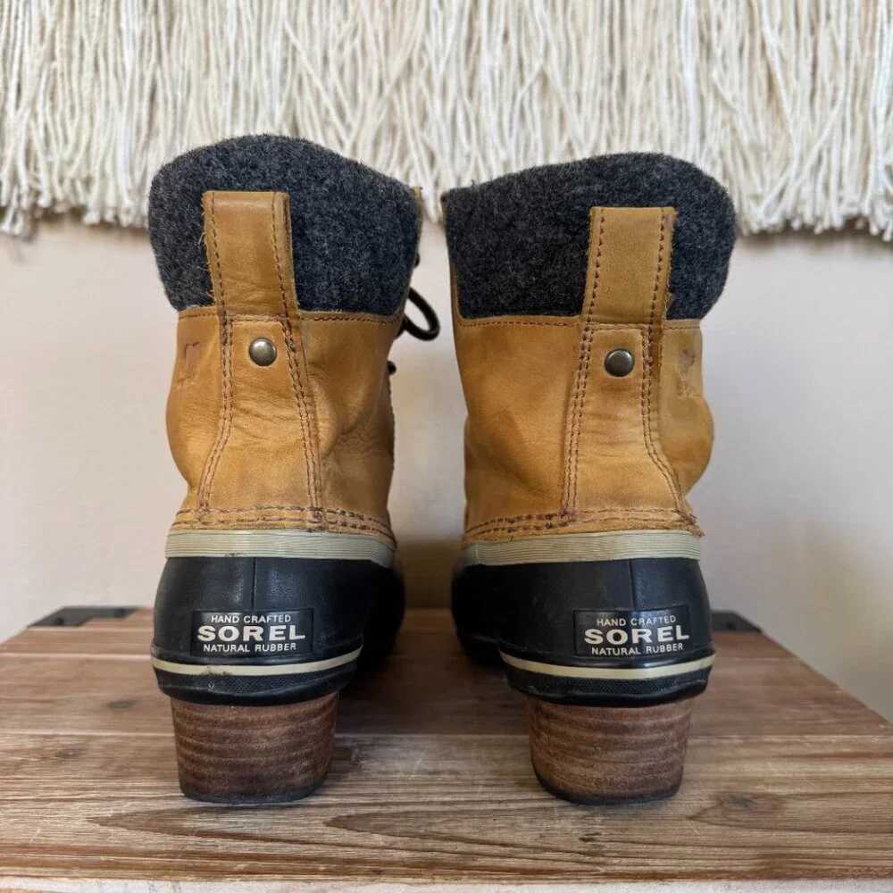 SOREL Slimpack II Waterproof Tan Leather Upper Black Rubber Duck Boot‎ Size 7